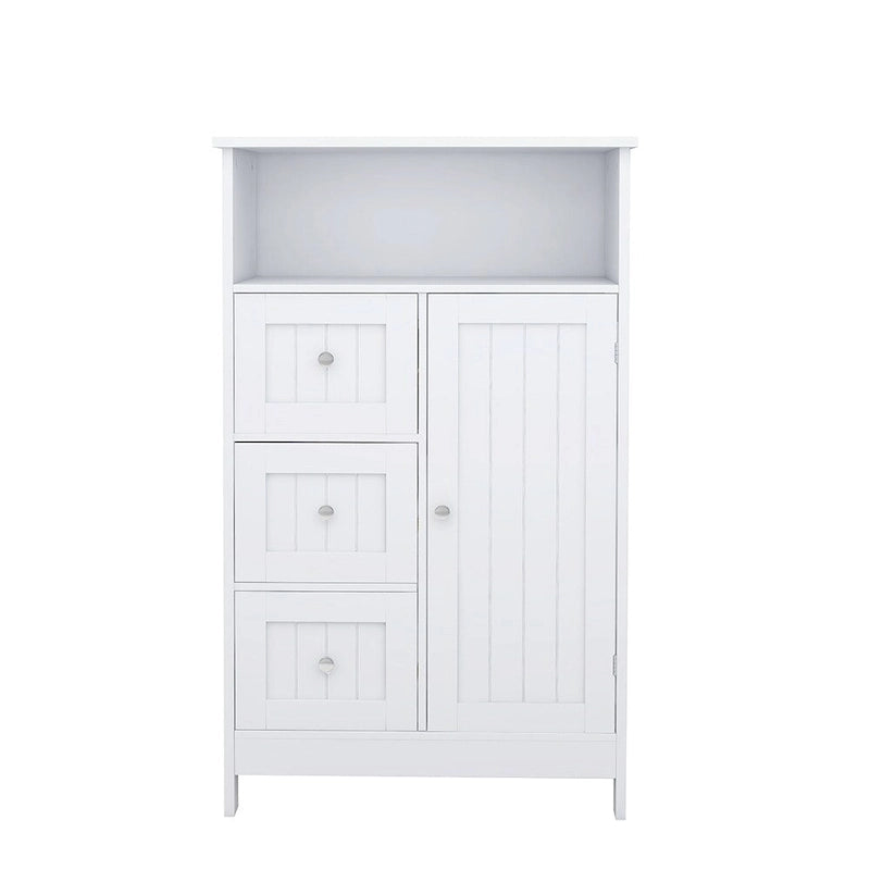 White Bathroom Floor Cabinet with 3 Drawers Open Shelf Painted Finish