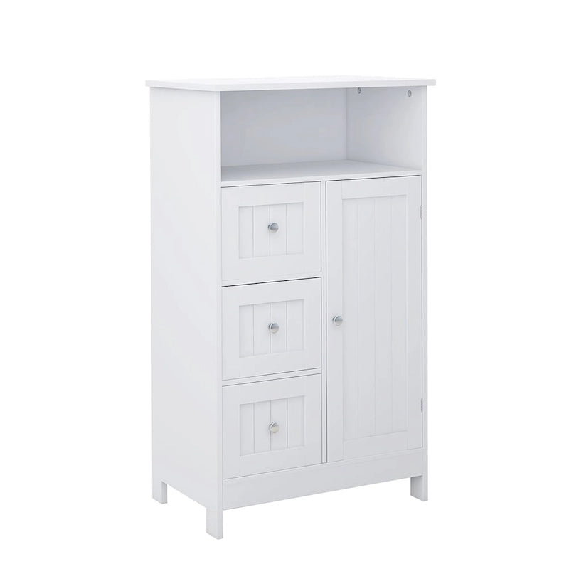 White Bathroom Floor Cabinet with 3 Drawers Open Shelf Painted Finish