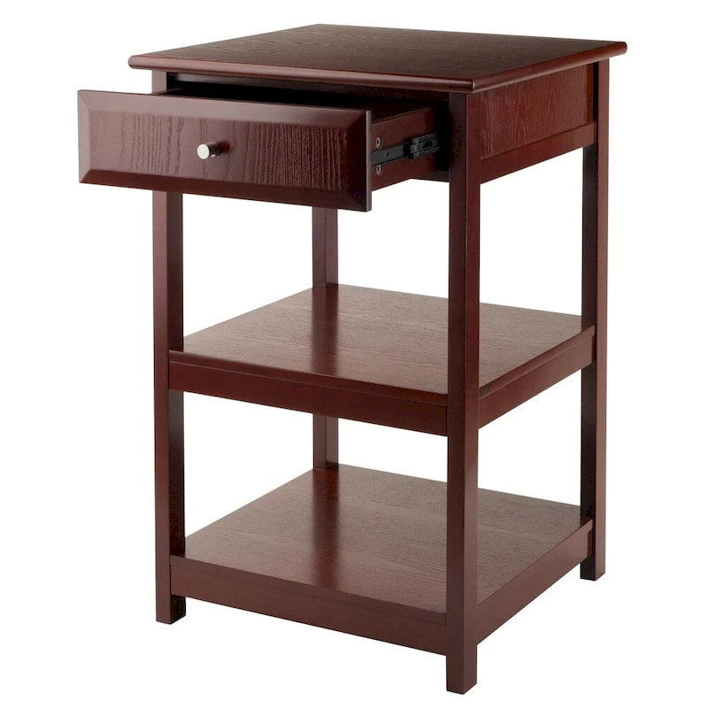 Walnut Finish Wooden Side Table with Drawer and Two Open Shelves