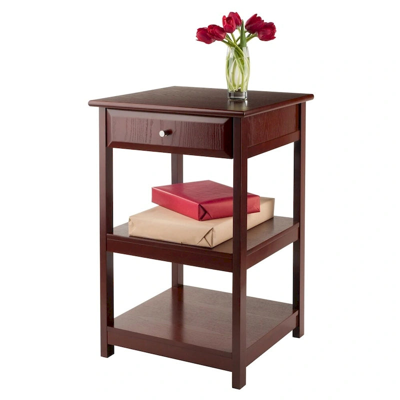 Walnut Finish Wooden Side Table with Drawer and Two Open Shelves