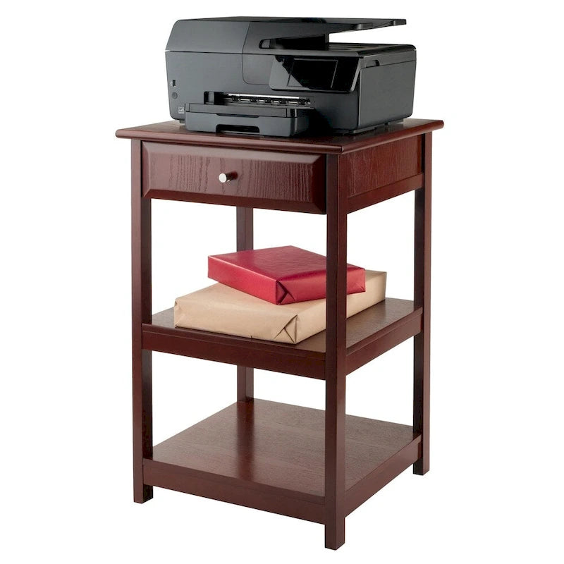 Walnut Finish Wooden Side Table with Drawer and Two Open Shelves