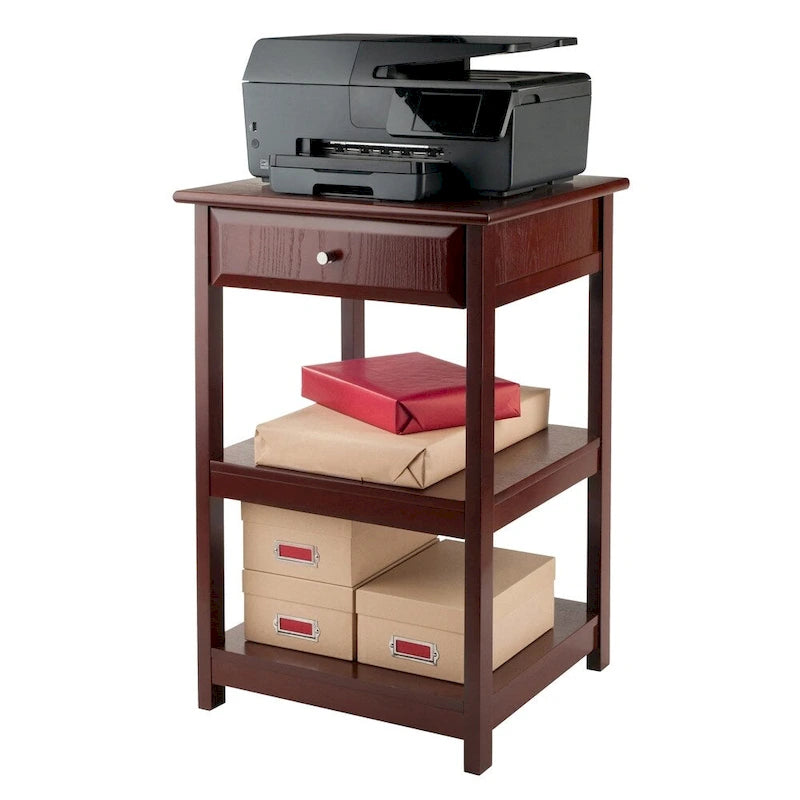 Walnut Finish Wooden Side Table with Drawer and Two Open Shelves
