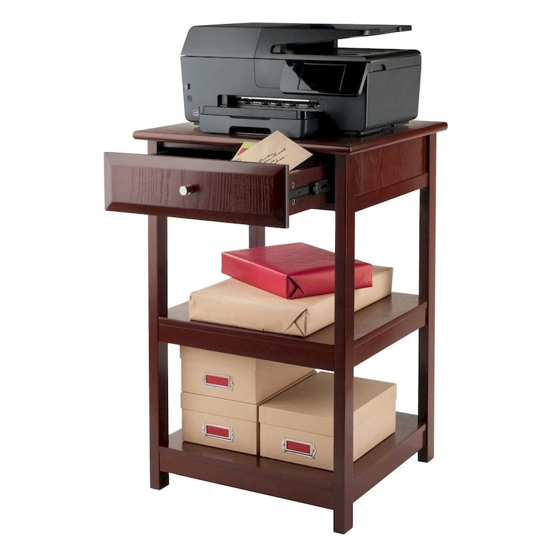 Walnut Finish Wooden Side Table with Drawer and Two Open Shelves