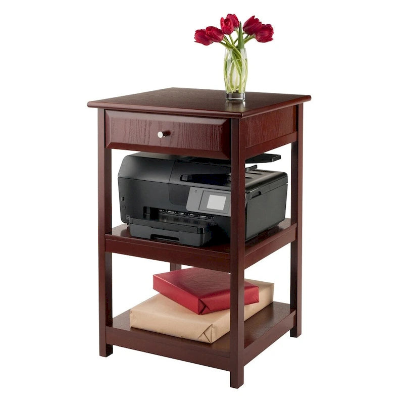 Walnut Finish Wooden Side Table with Drawer and Two Open Shelves