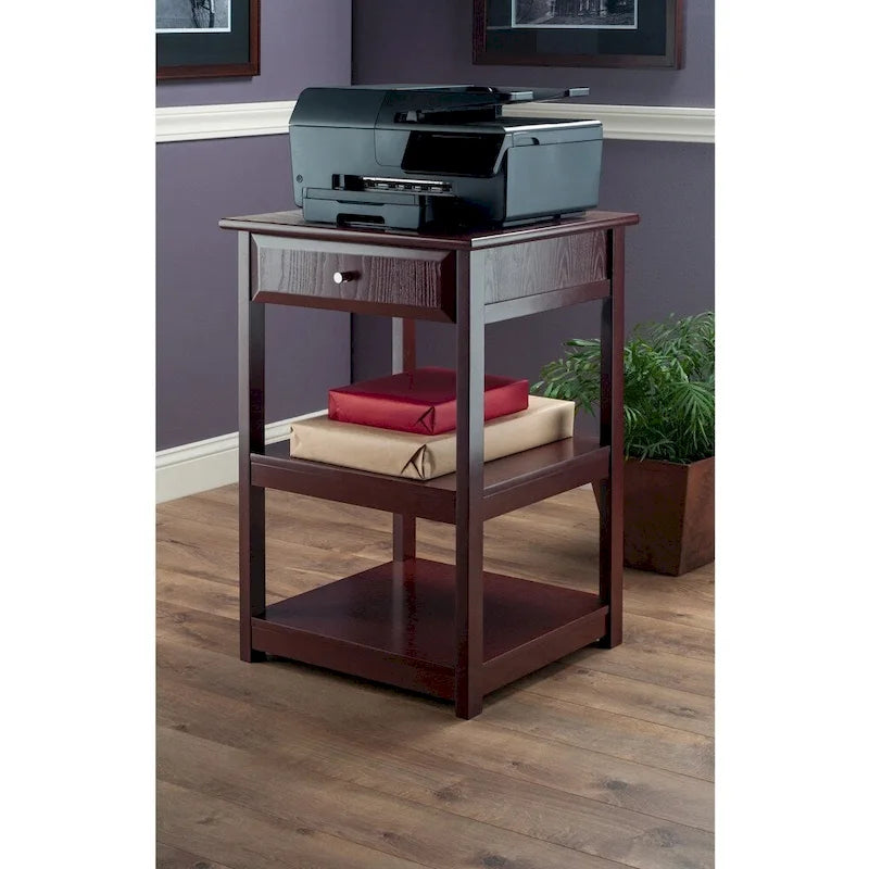 Walnut Finish Wooden Side Table with Drawer and Two Open Shelves