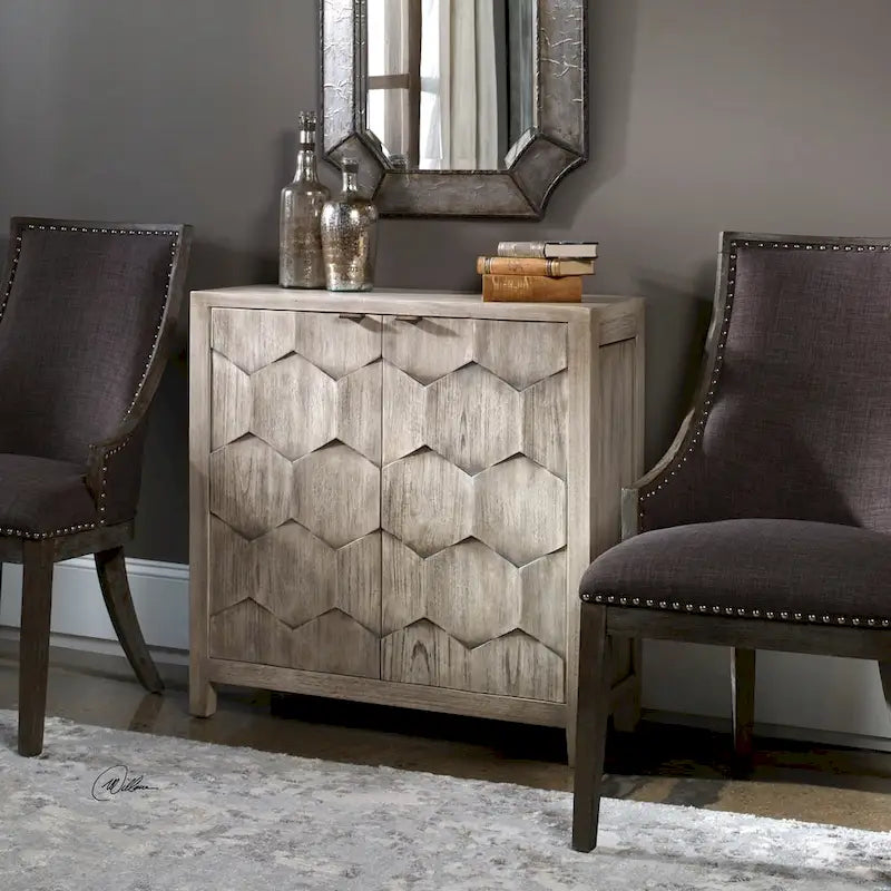 Smoked Ivory Honeycomb Door Mahogany Console Cabinet with Bronze Handles