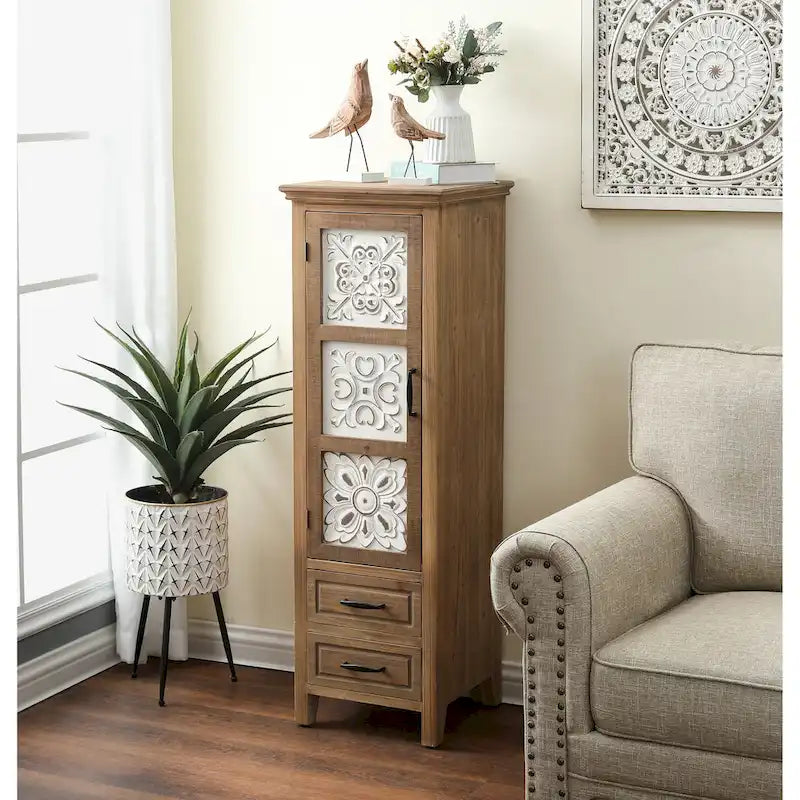 Rustic Fir Wood Slim Storage Cabinet Distressed White Carved Door Natural