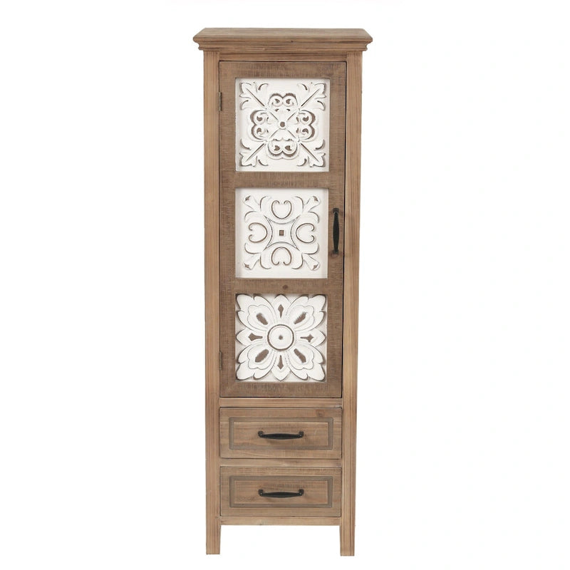 Rustic Fir Wood Slim Storage Cabinet Distressed White Carved Door Natural