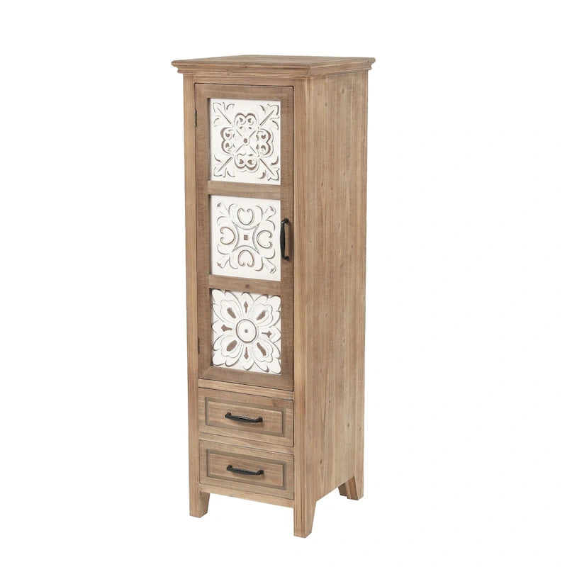 Rustic Fir Wood Slim Storage Cabinet Distressed White Carved Door Natural