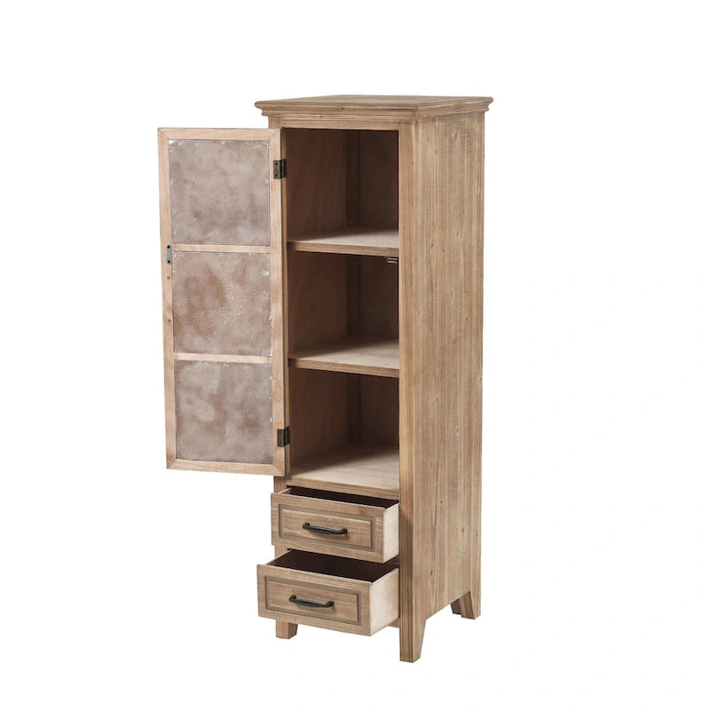 Rustic Fir Wood Slim Storage Cabinet Distressed White Carved Door Natural