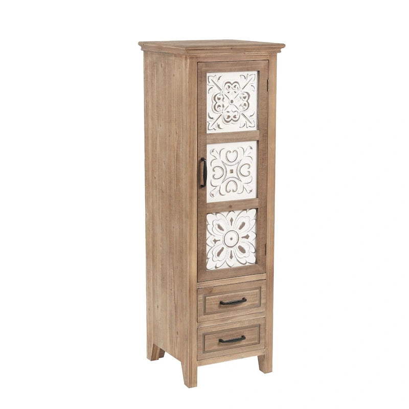 Rustic Fir Wood Slim Storage Cabinet Distressed White Carved Door Natural
