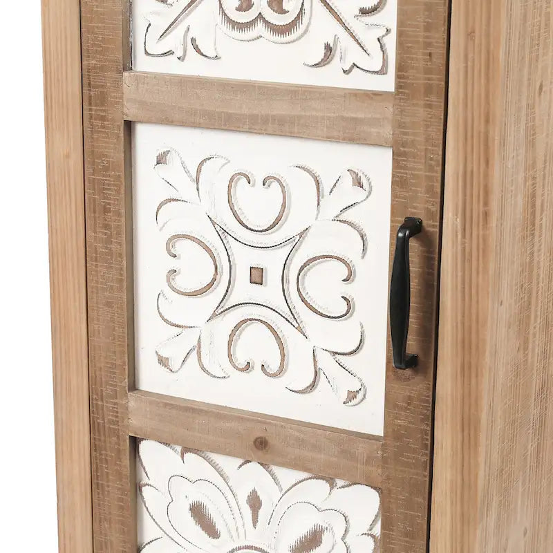 Rustic Fir Wood Slim Storage Cabinet Distressed White Carved Door Natural