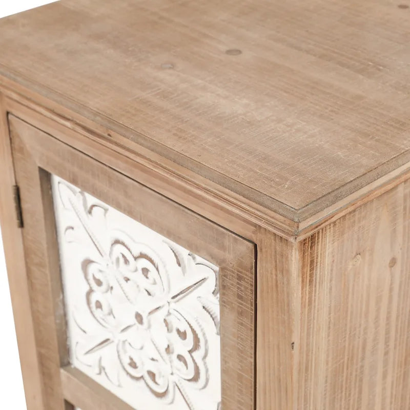 Rustic Fir Wood Slim Storage Cabinet Distressed White Carved Door Natural