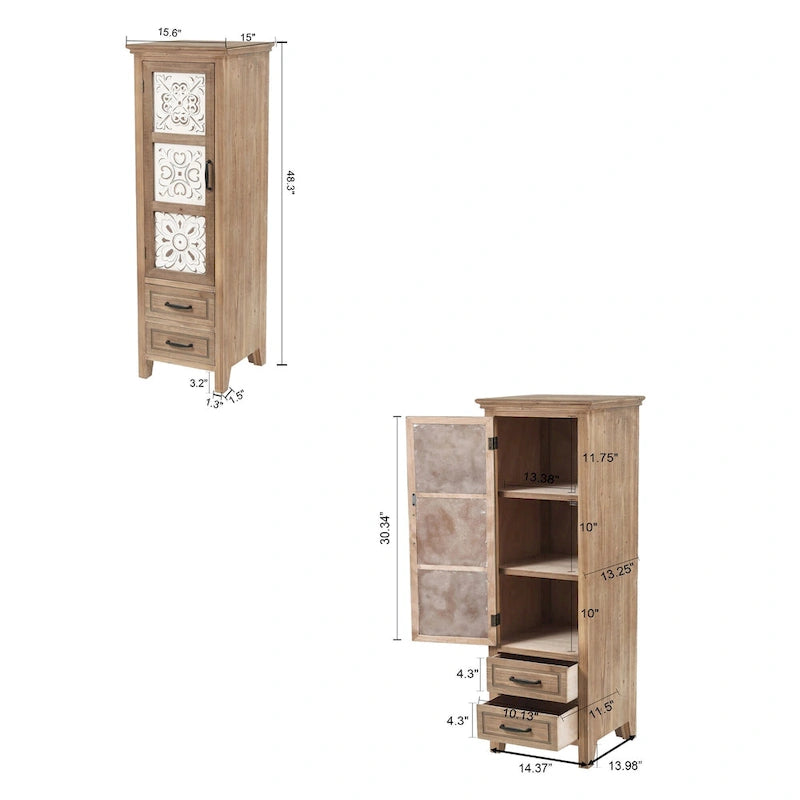 Rustic Fir Wood Slim Storage Cabinet Distressed White Carved Door Natural