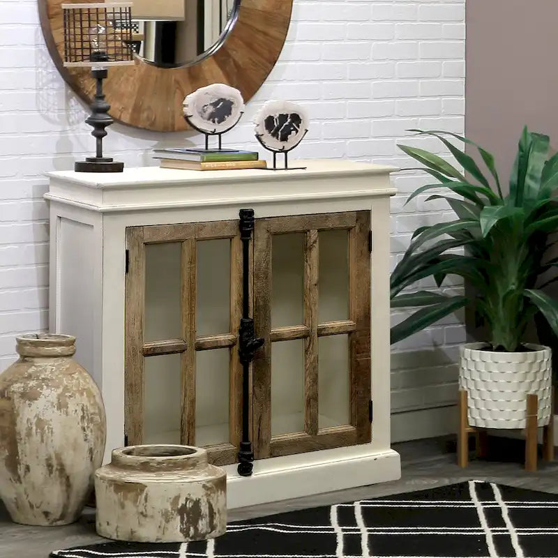 Two Tone White Natural Mango Wood Cabinet with Tempered Glass Doors