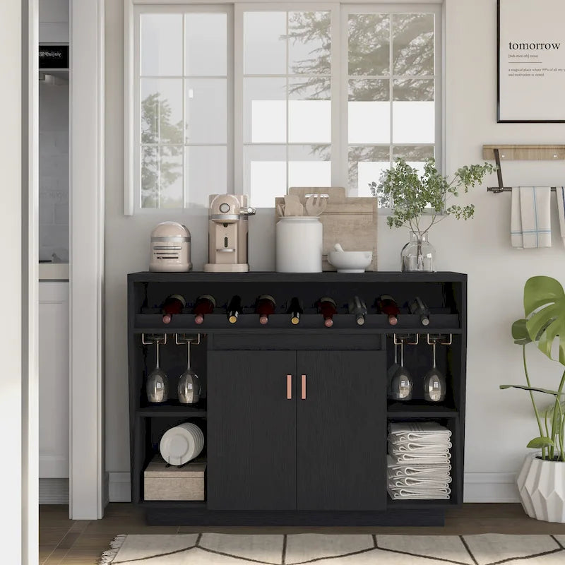 Contemporary Black Dining Buffet with Wine Rack and Stemware Storage