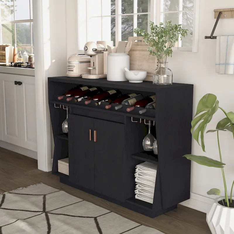 Contemporary Black Dining Buffet with Wine Rack and Stemware Storage