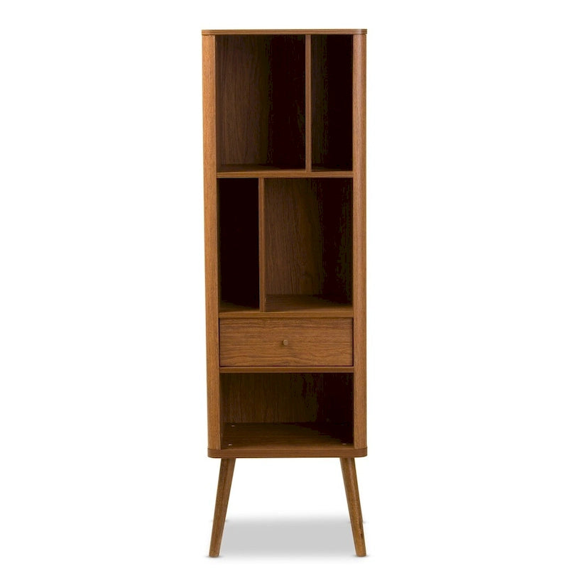 Mid-Century Walnut Brown Open Shelf Sideboard Cabinet with Drawer