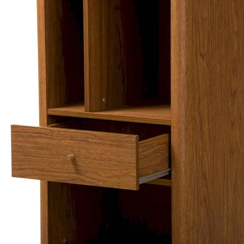 Mid-Century Walnut Brown Open Shelf Sideboard Cabinet with Drawer