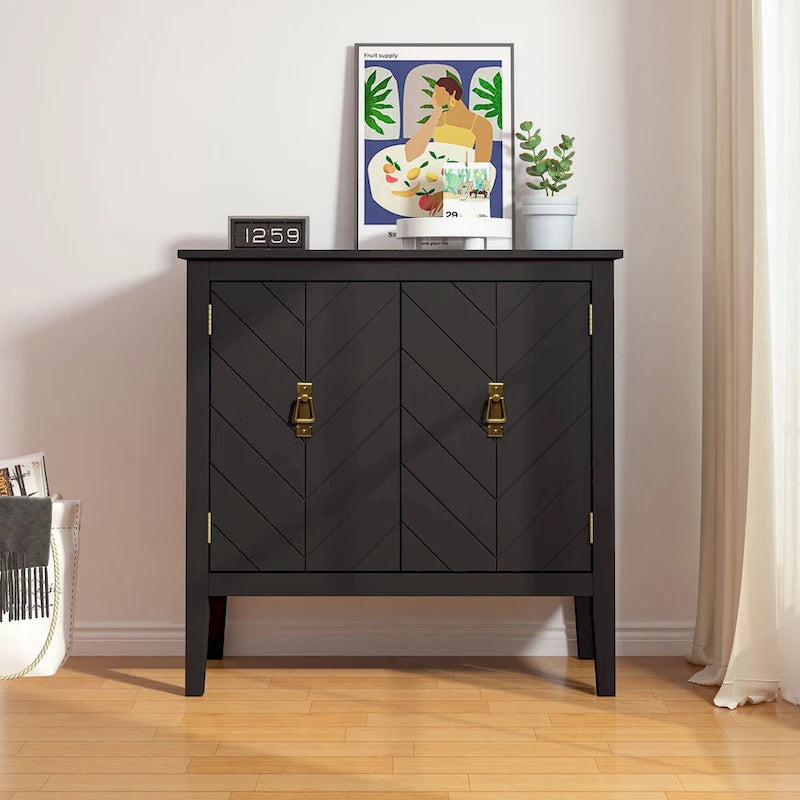 Vintage Style Two Door Wood Storage Cabinet with Antique Brass Handles