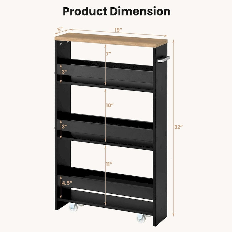 4-Tier Slim Rolling Storage Cart with Lockable Wheels, White/Black/Grey