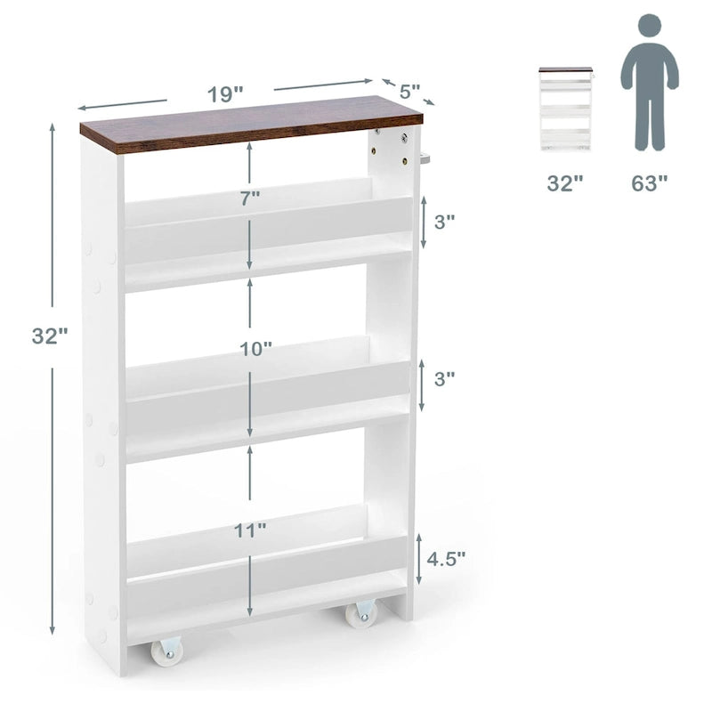 4-Tier Slim Rolling Storage Cart with Lockable Wheels, White/Black/Grey