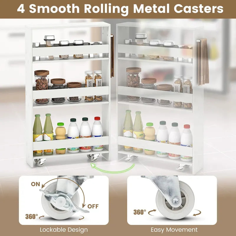 4-Tier Slim Rolling Storage Cart with Lockable Wheels, White/Black/Grey
