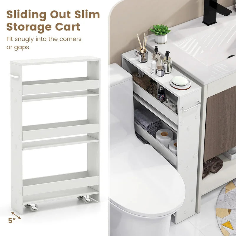 4-Tier Slim Rolling Storage Cart with Lockable Wheels, White/Black/Grey
