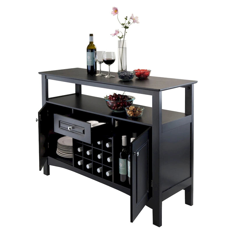 Black Wood Buffet Cabinet with Wine Rack Drawer Open Shelf