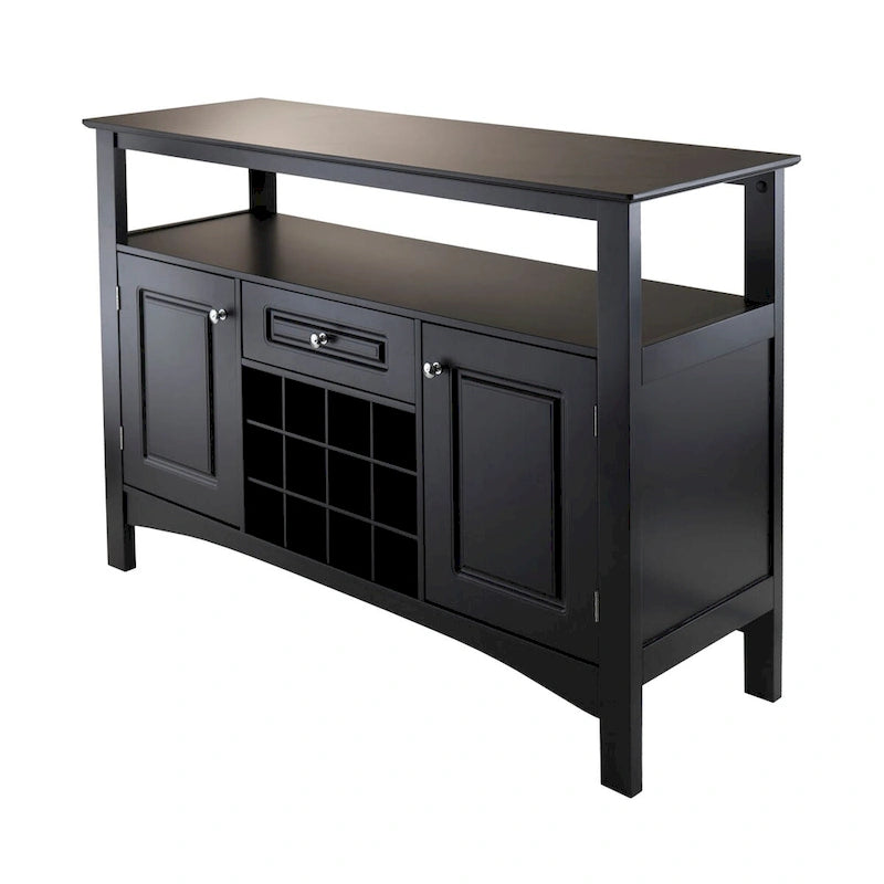 Black Wood Buffet Cabinet with Wine Rack Drawer Open Shelf