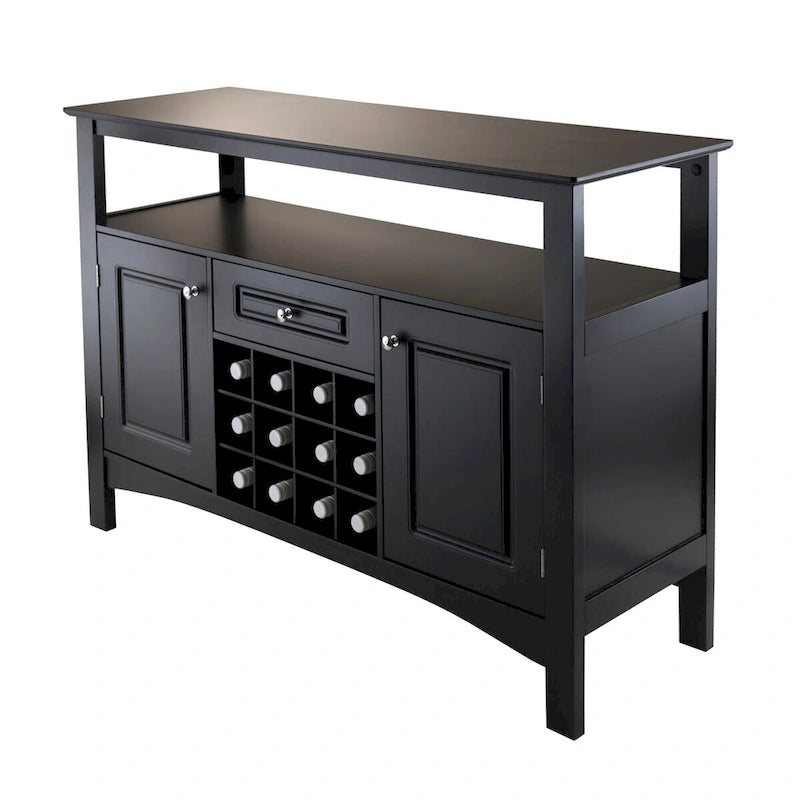 Black Wood Buffet Cabinet with Wine Rack Drawer Open Shelf