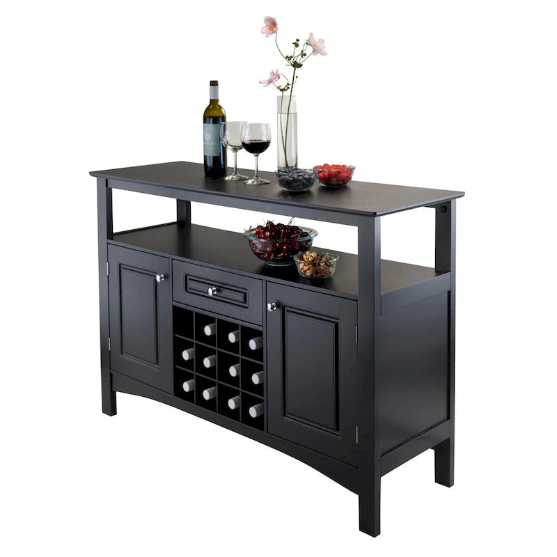 Black Wood Buffet Cabinet with Wine Rack Drawer Open Shelf