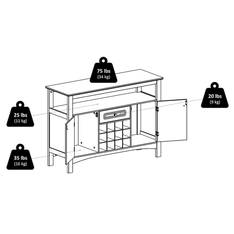Black Wood Buffet Cabinet with Wine Rack Drawer Open Shelf