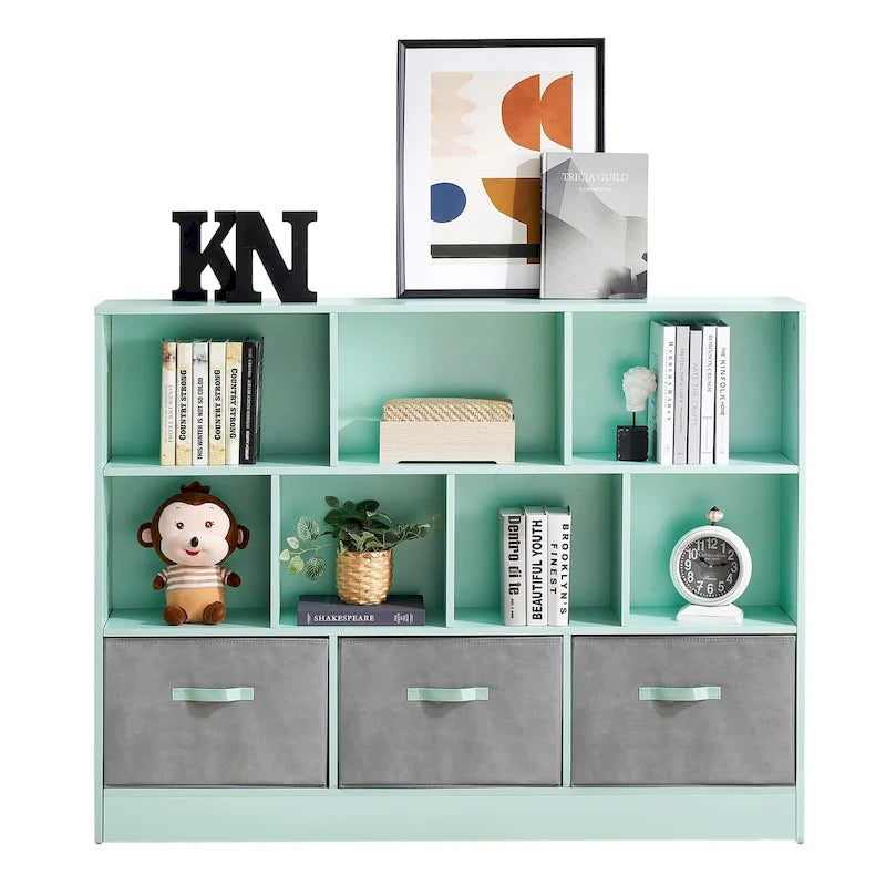 Green 3-Tier MDF Cube Storage Bookcase with Foldable Fabric Drawers