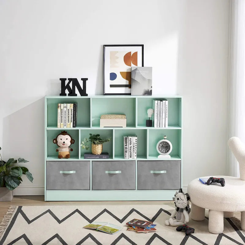Green 3-Tier MDF Cube Storage Bookcase with Foldable Fabric Drawers