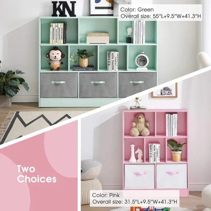 Green 3-Tier MDF Cube Storage Bookcase with Foldable Fabric Drawers