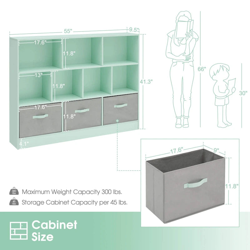Green 3-Tier MDF Cube Storage Bookcase with Foldable Fabric Drawers