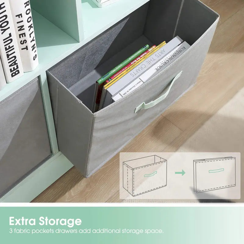Green 3-Tier MDF Cube Storage Bookcase with Foldable Fabric Drawers