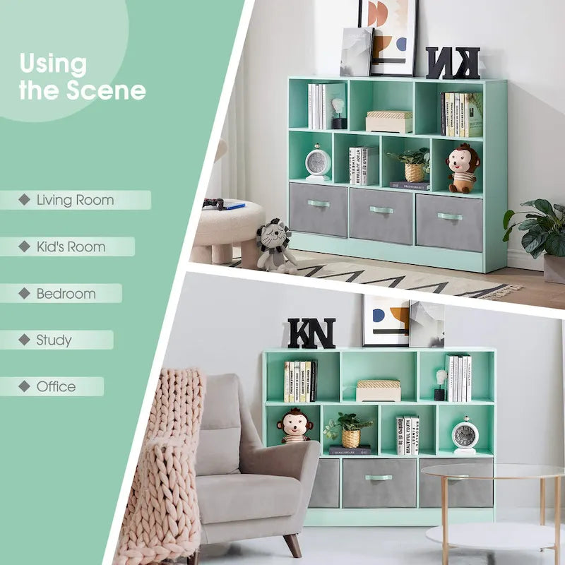 Green 3-Tier MDF Cube Storage Bookcase with Foldable Fabric Drawers