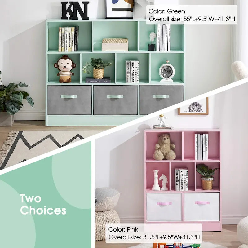 Green 3-Tier MDF Cube Storage Bookcase with Foldable Fabric Drawers