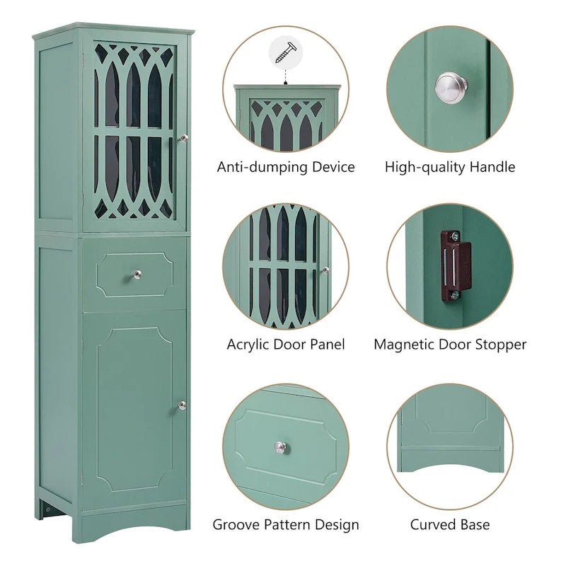 Freestanding Tall Bathroom Storage Cabinet with Drawer and Acrylic Door