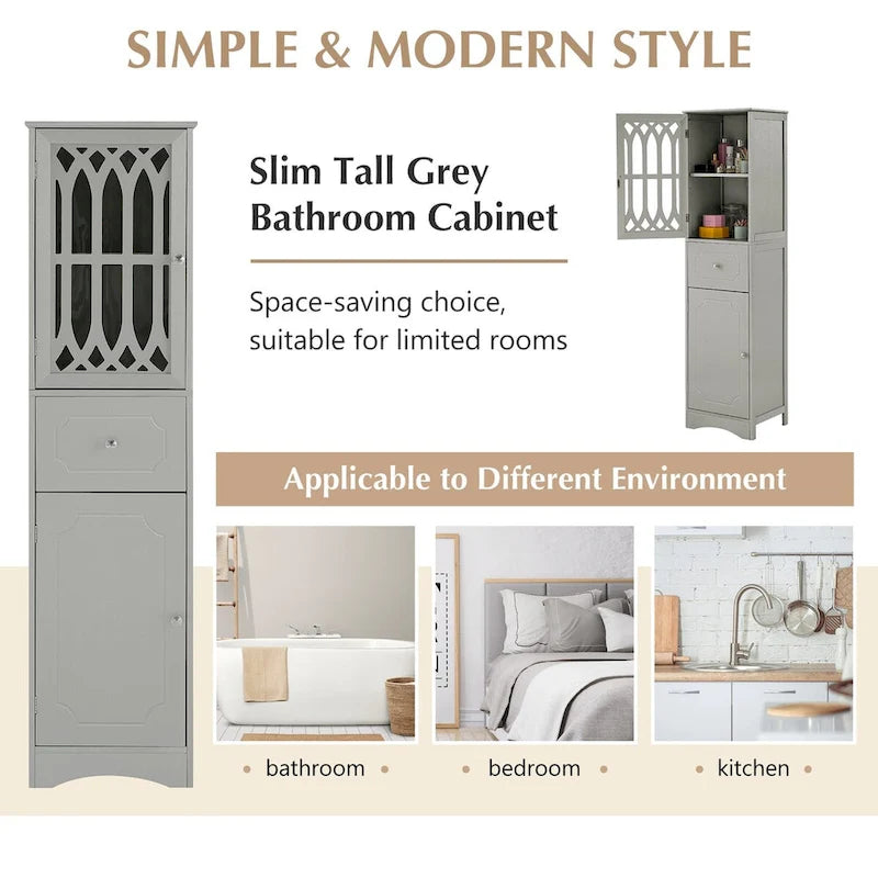 Freestanding Tall Bathroom Storage Cabinet with Drawer and Acrylic Door