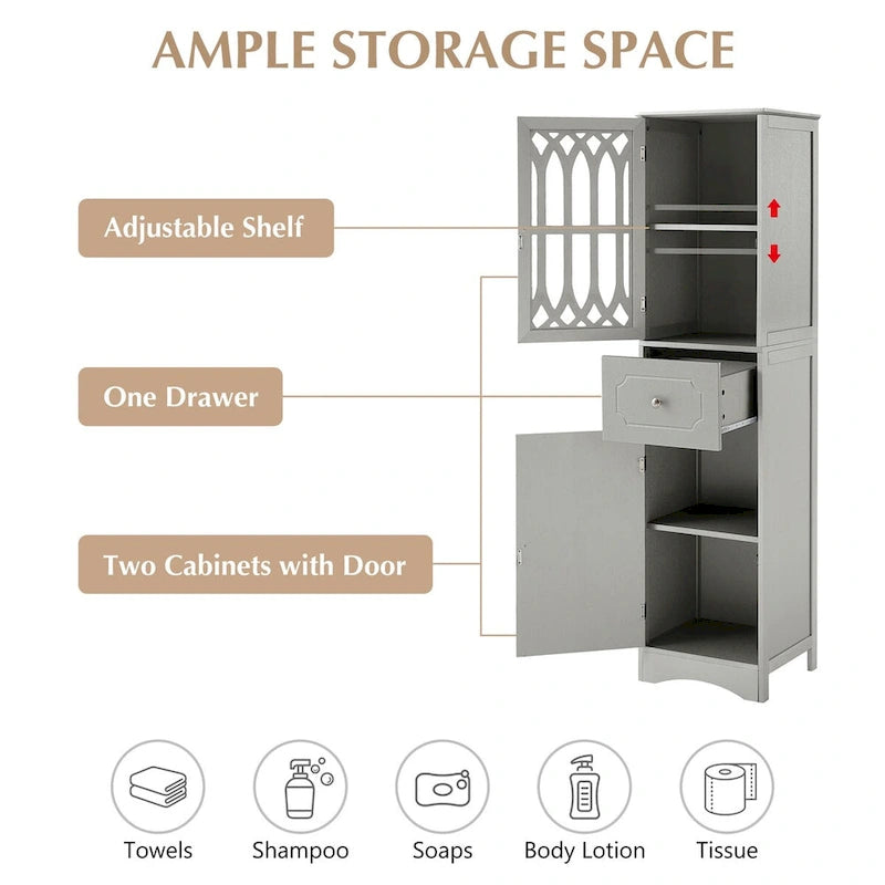 Freestanding Tall Bathroom Storage Cabinet with Drawer and Acrylic Door