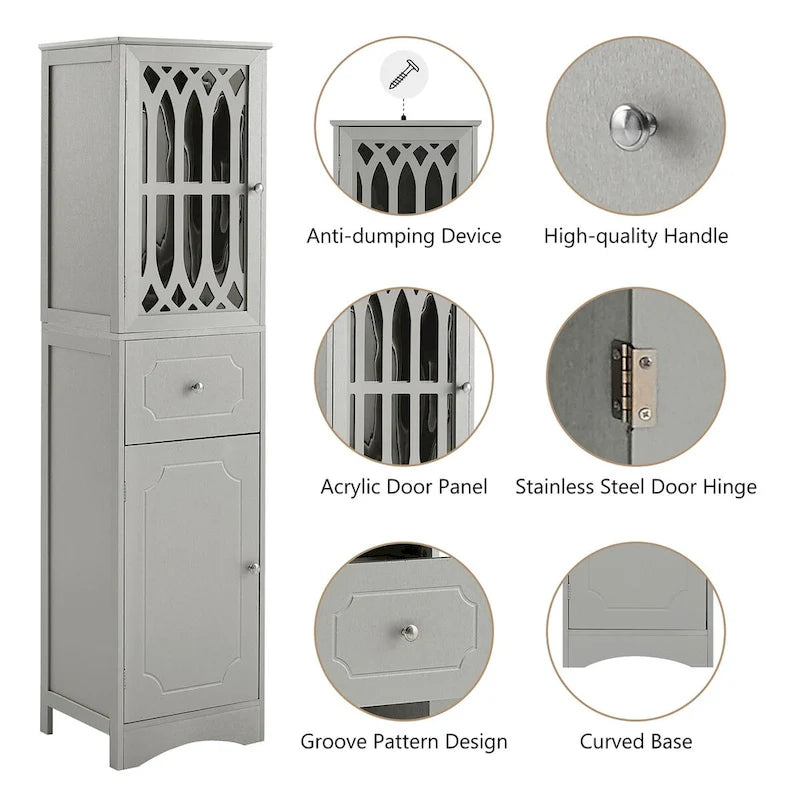 Freestanding Tall Bathroom Storage Cabinet with Drawer and Acrylic Door