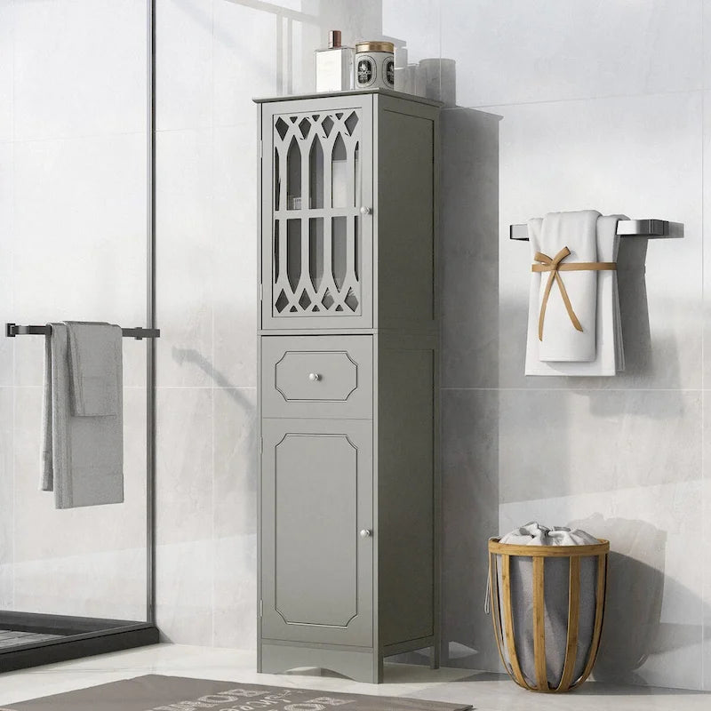 Freestanding Tall Bathroom Storage Cabinet with Drawer and Acrylic Door