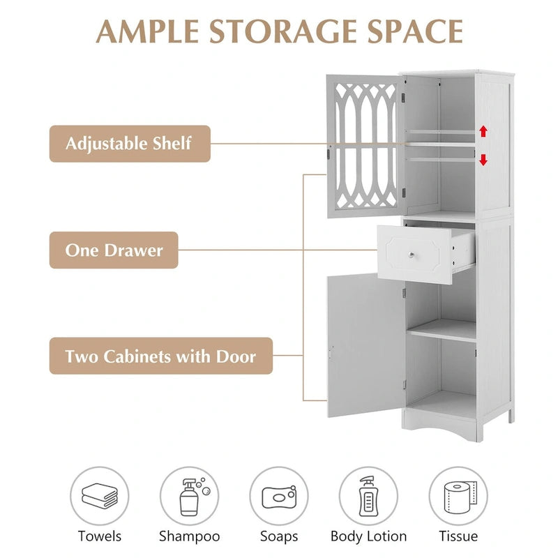 Freestanding Tall Bathroom Storage Cabinet with Drawer and Acrylic Door