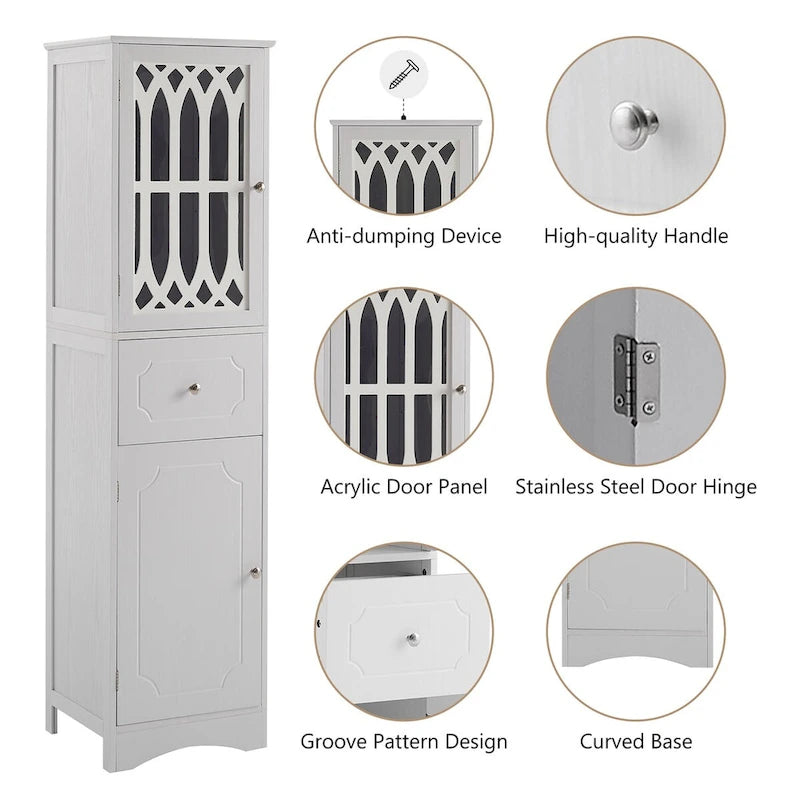 Freestanding Tall Bathroom Storage Cabinet with Drawer and Acrylic Door