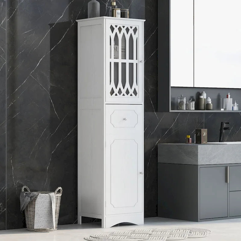 Freestanding Tall Bathroom Storage Cabinet with Drawer and Acrylic Door