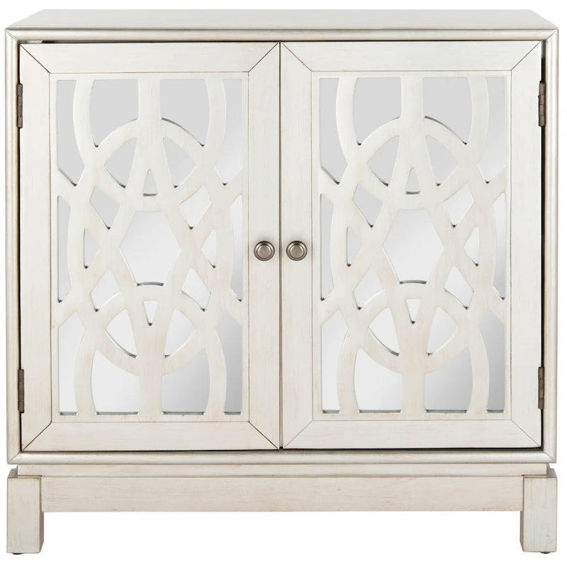 2-Door Mirrored Storage Chest Silver Finish Solid Wood Geometric Cabinet