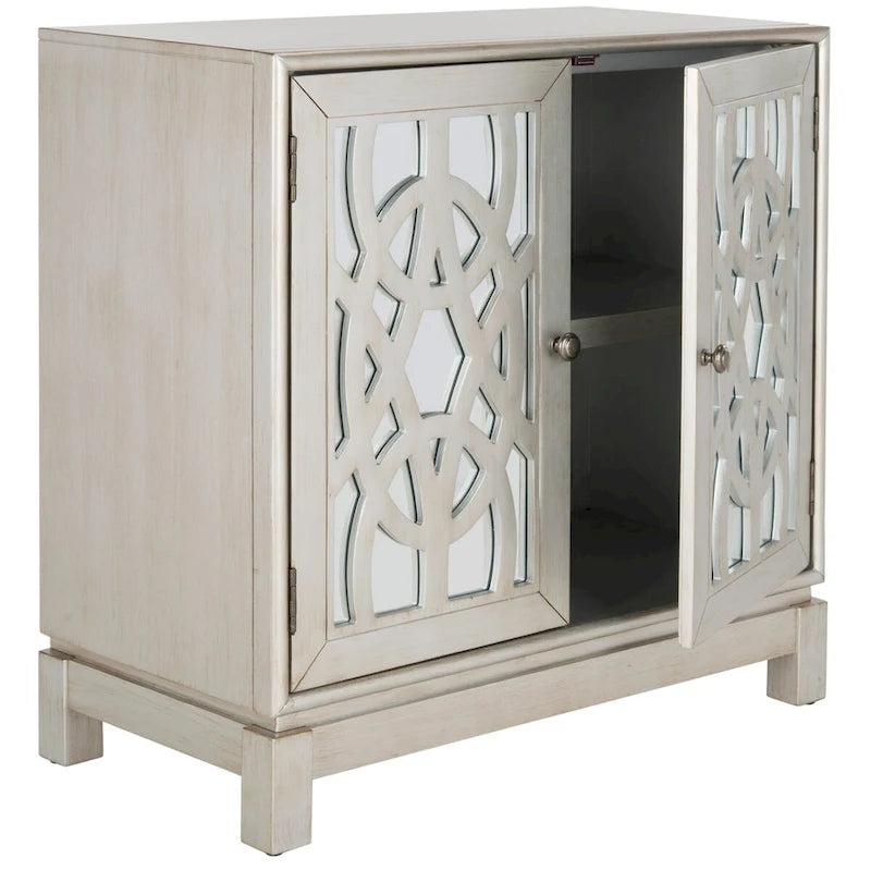2-Door Mirrored Storage Chest Silver Finish Solid Wood Geometric Cabinet